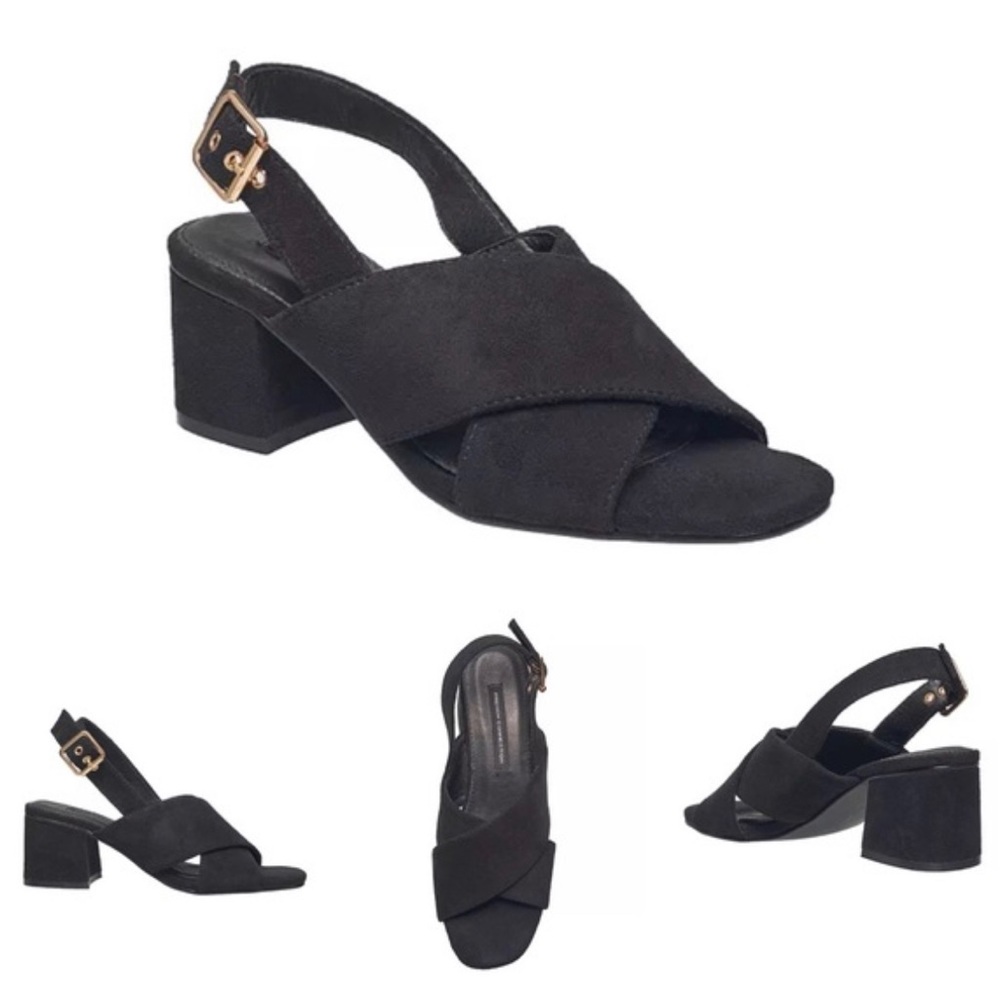 French Connection Black Suede Crisscross Block Heel Slingback Sandals | Size 7